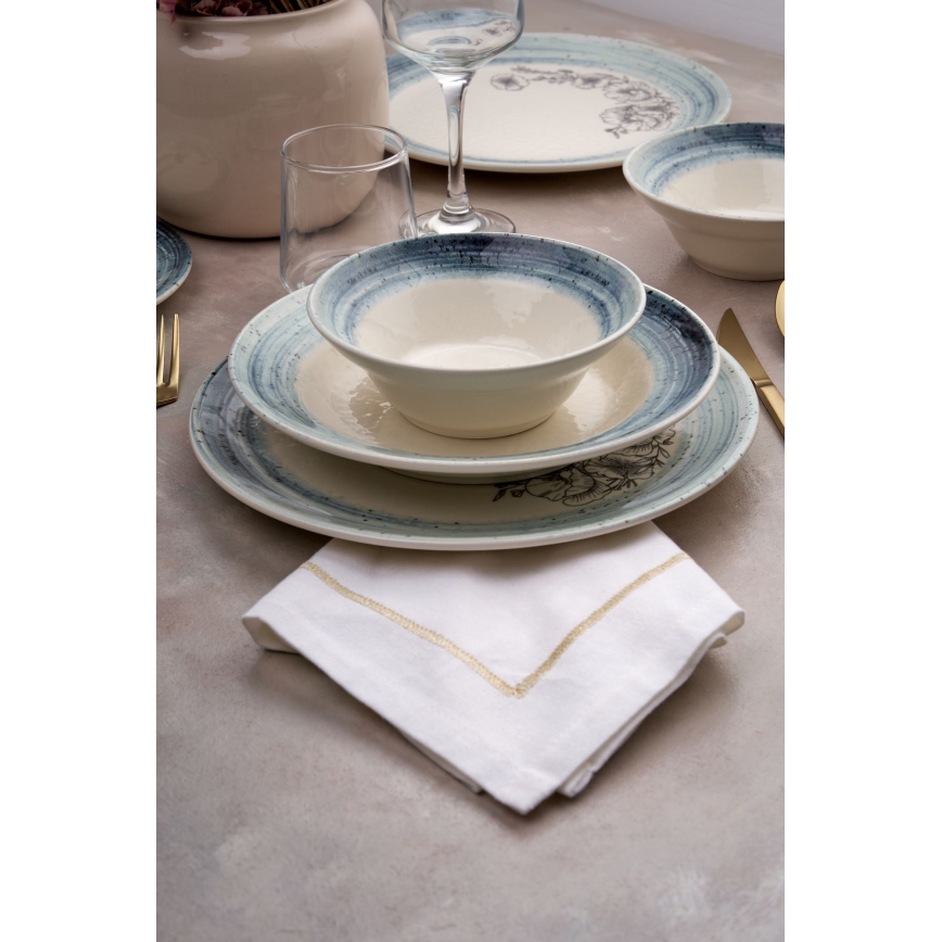 Service de table 24 pièces, blanc/bleu, en céramique