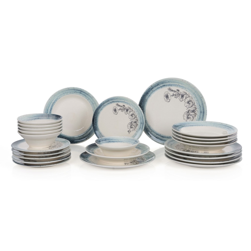 Service de table 24 pièces, blanc/bleu, en céramique