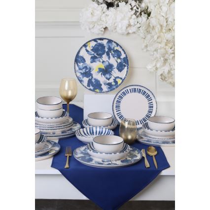 Service de table 24 pièces, blanc/bleu, en grès
