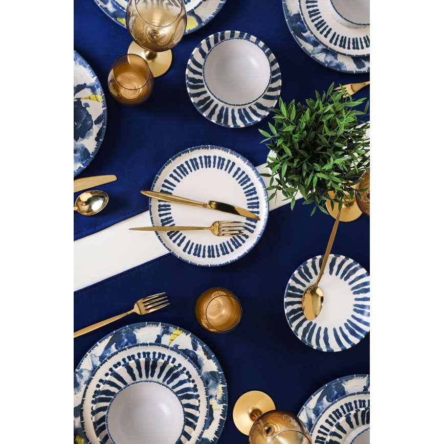 Service de table 24 pièces, blanc/bleu, en grès