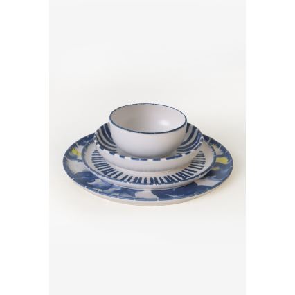 Service de table 24 pièces, blanc/bleu, en grès