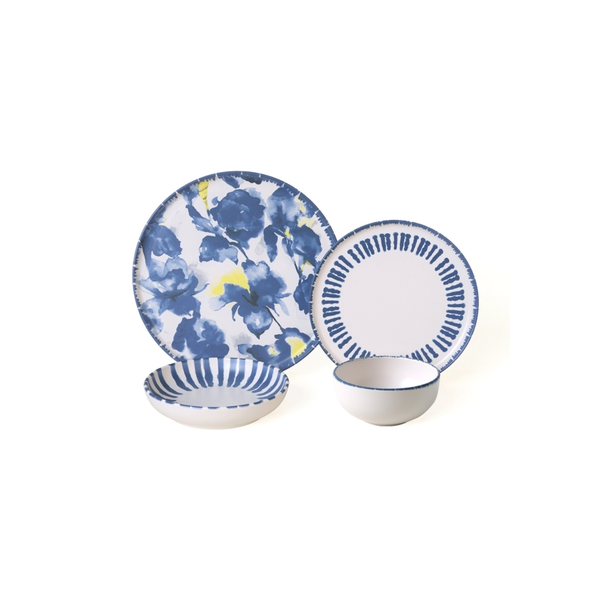 Service de table 24 pièces, blanc/bleu, en grès