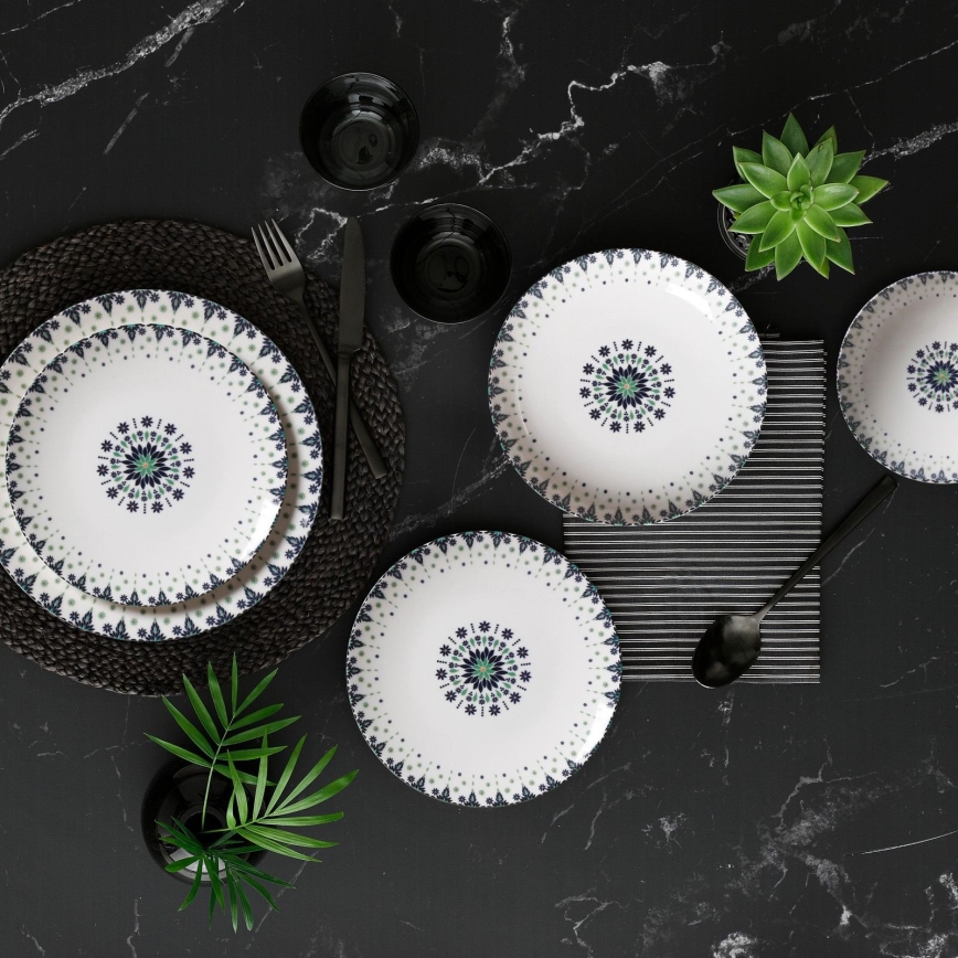 Service de table 24 pièces, blanc/bleu, en porcelaine