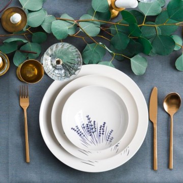 Service de table 24 pièces, blanc/bleu, en porcelaine