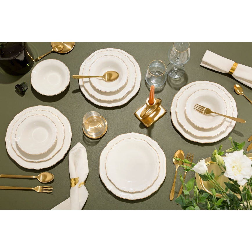 Service de table 24 pièces, blanc et doré, en porcelaine