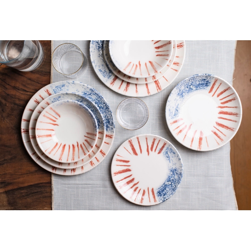 Service de table 24 pièces blanc/rouge/bleu /porcelaine