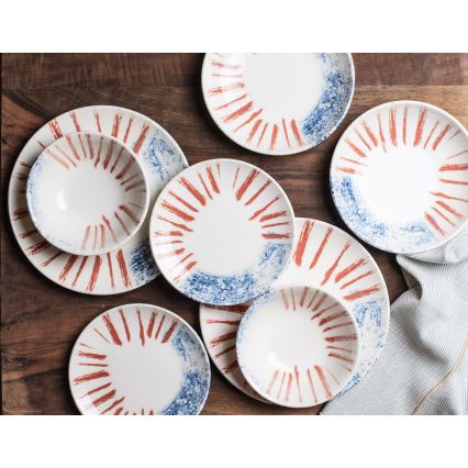 Service de table 24 pièces blanc/rouge/bleu /porcelaine