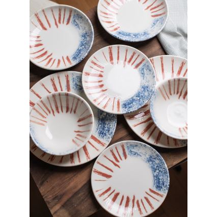 Service de table 24 pièces blanc/rouge/bleu /porcelaine
