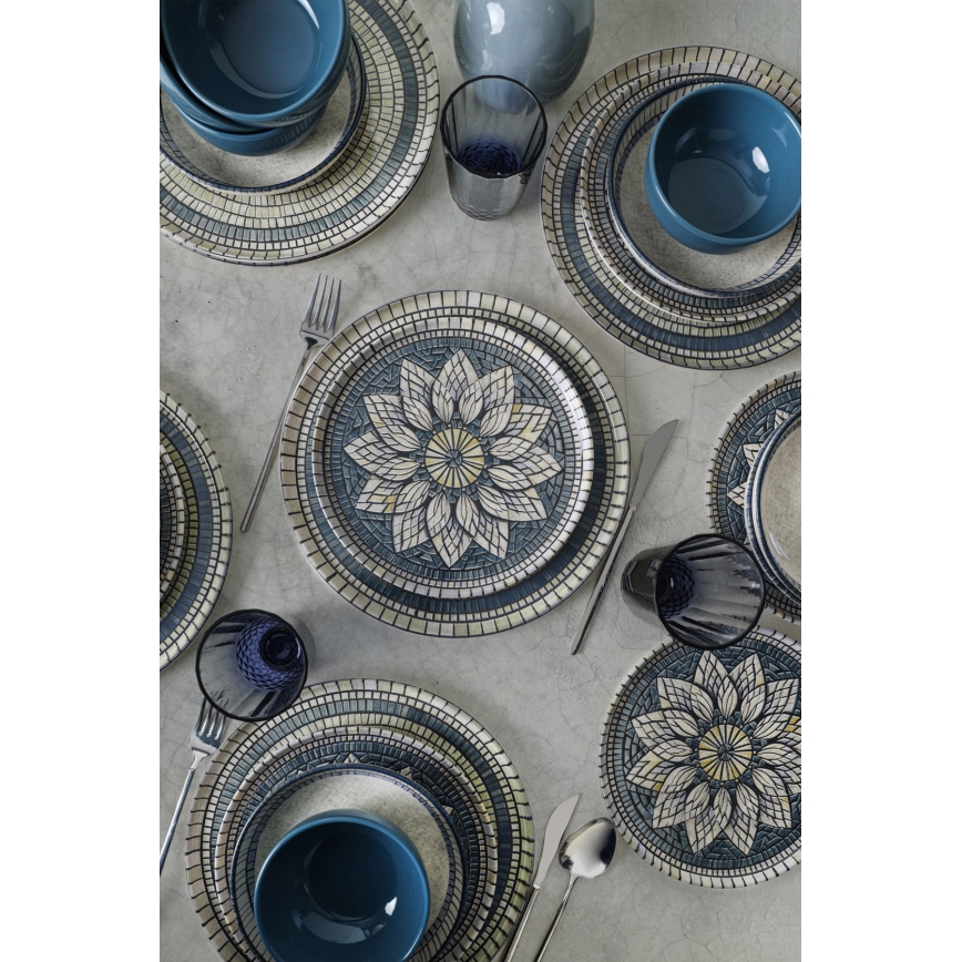 Service de table 24 pièces, bleu/crème, en grès