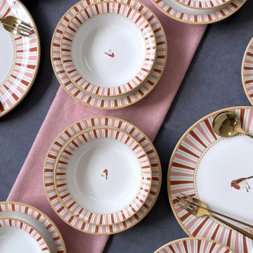 Service de table 24 pièces, céramique, blanc/rouge/doré