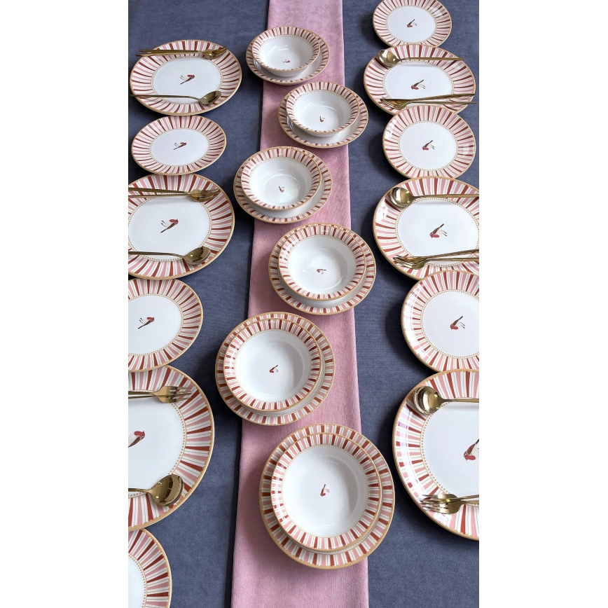 Service de table 24 pièces, céramique, blanc/rouge/doré