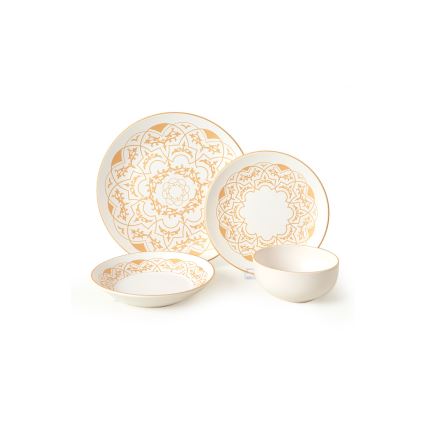Service de table 24 pièces en céramique, blanc et doré