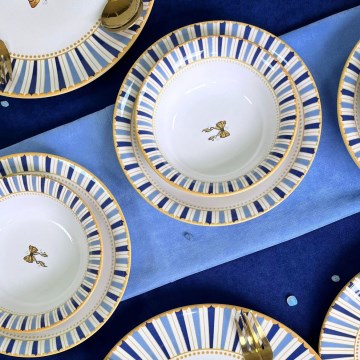Service de table 24 pièces en céramique — blanc, bleu et doré