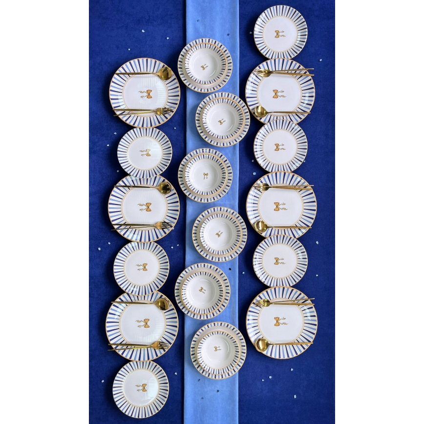 Service de table 24 pièces en céramique — blanc, bleu et doré