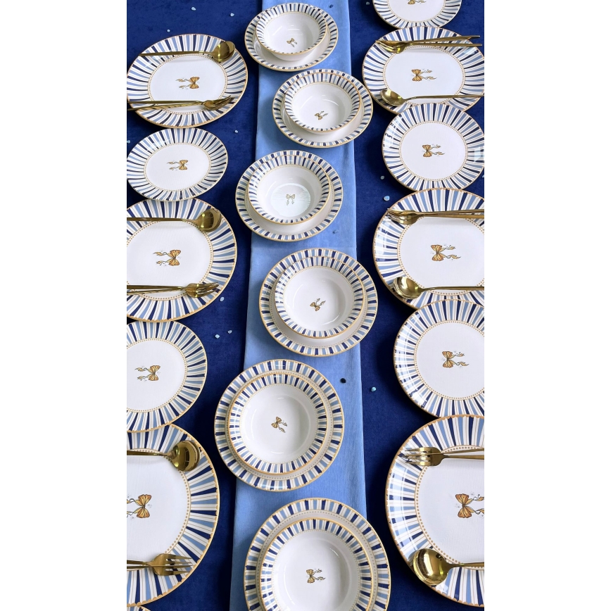 Service de table 24 pièces en céramique — blanc, bleu et doré