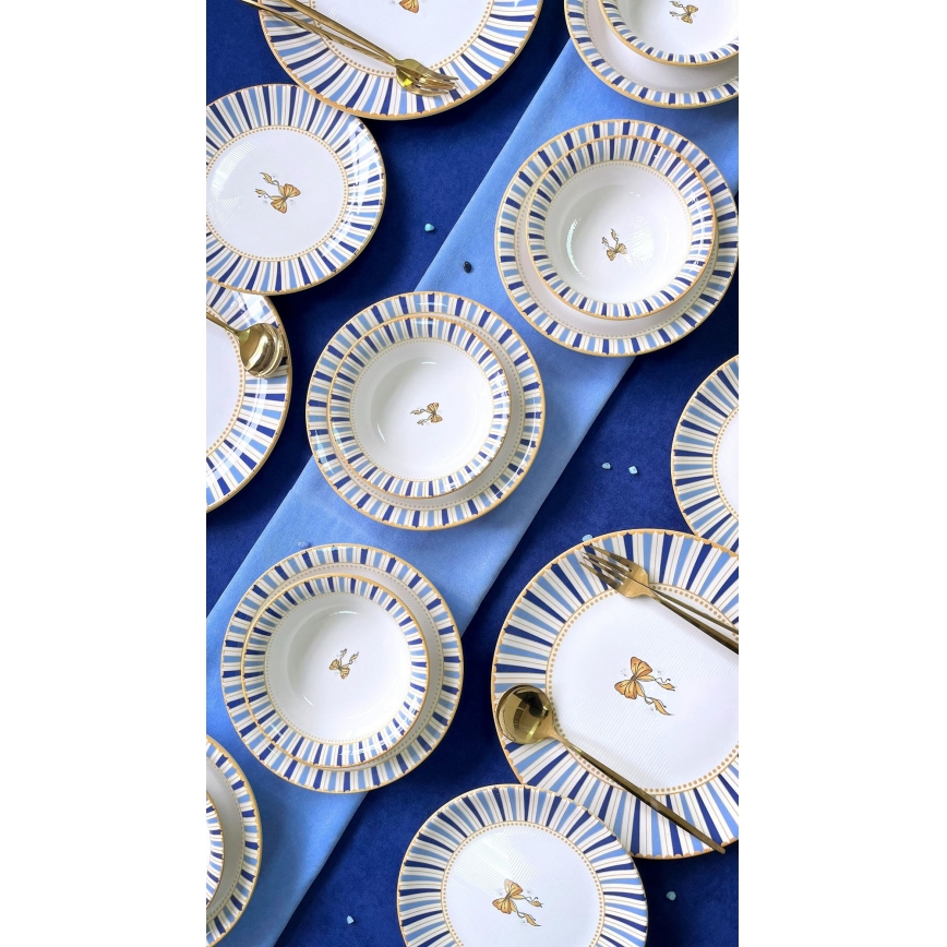 Service de table 24 pièces en céramique — blanc, bleu et doré