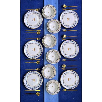 Service de table 24 pièces en céramique — blanc, bleu et doré