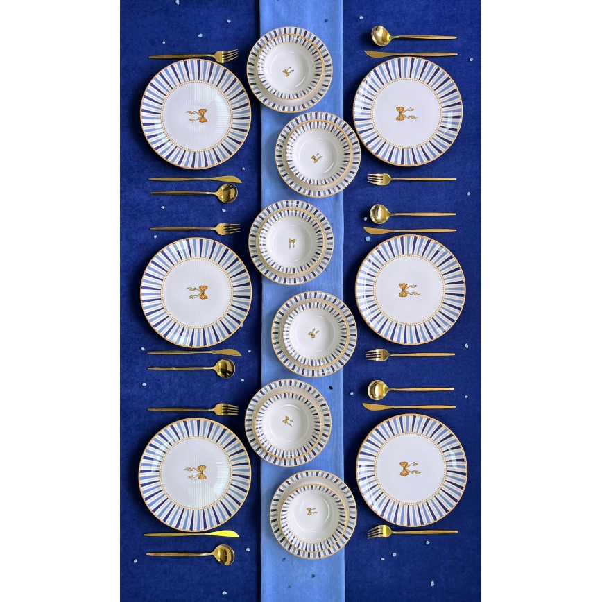 Service de table 24 pièces en céramique — blanc, bleu et doré