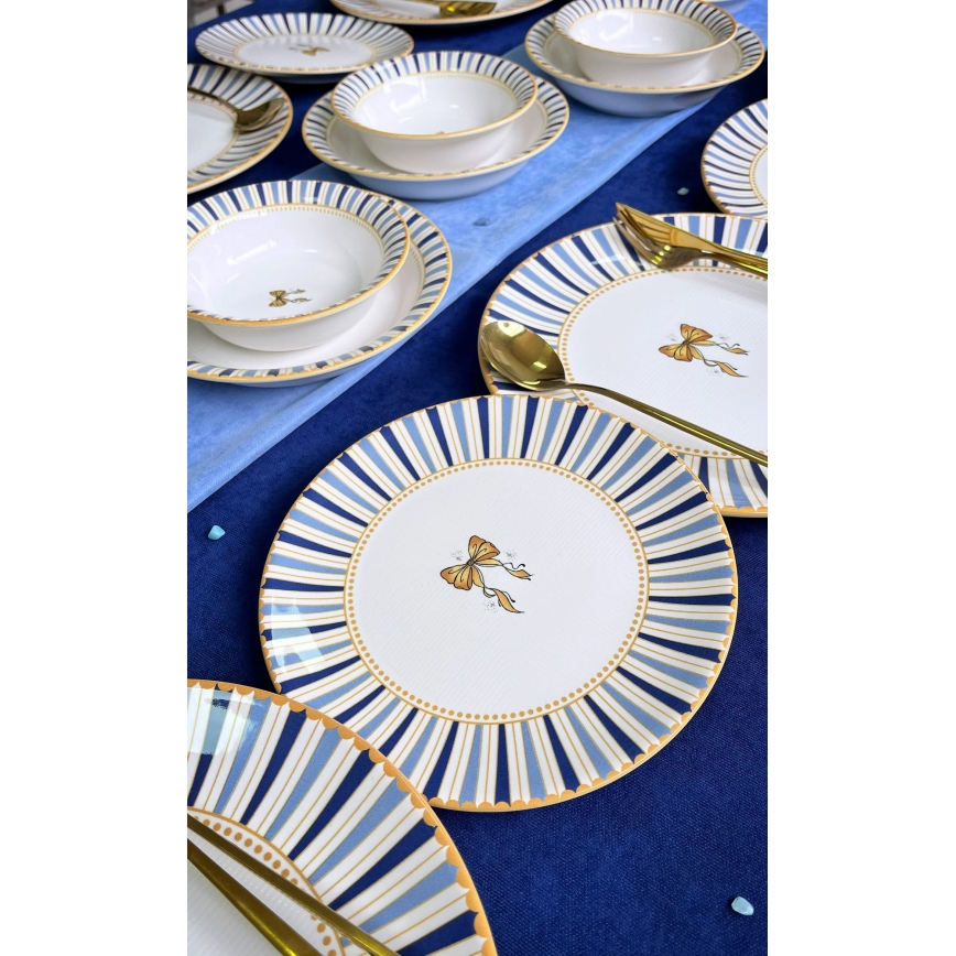 Service de table 24 pièces en céramique — blanc, bleu et doré