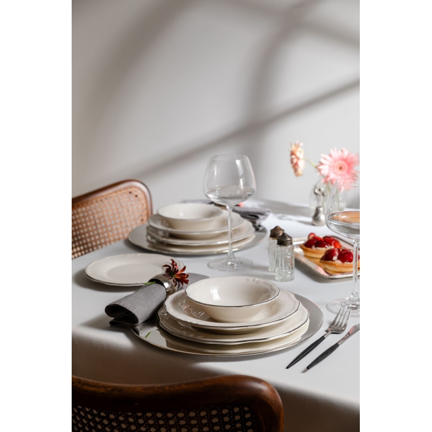 Service de table 24 pièces en porcelaine, blanc/argenté