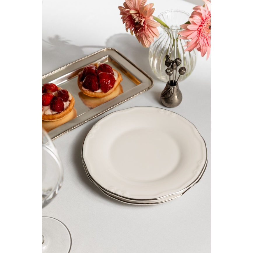 Service de table 24 pièces en porcelaine, blanc/argenté