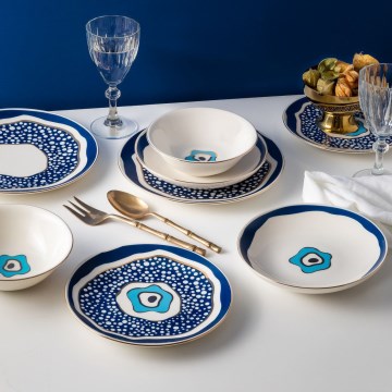 Service de table 24 pièces en porcelaine blanc/bleu/doré