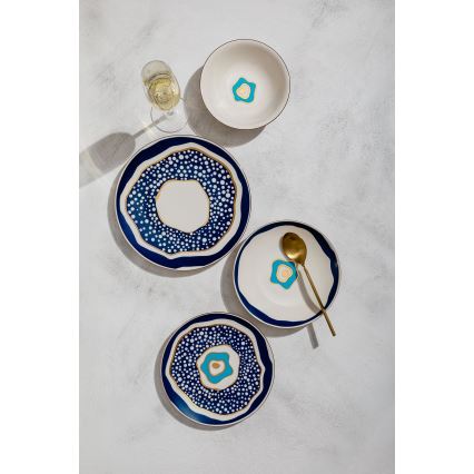 Service de table 24 pièces en porcelaine blanc/bleu/doré