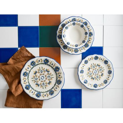 Service de table 24 pièces en porcelaine, blanc/bleu/jaune