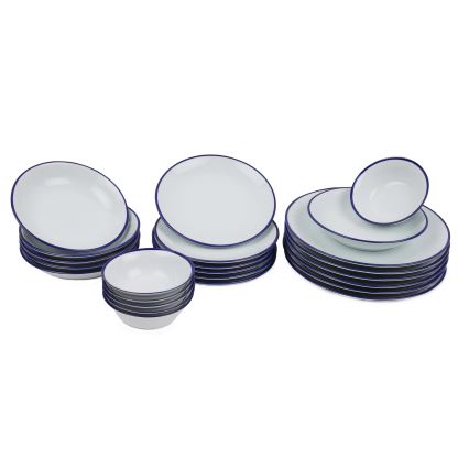 Service de table 24 pièces en porcelaine, blanc et bleu