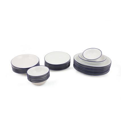Service de table 24 pièces en porcelaine, blanc et bleu