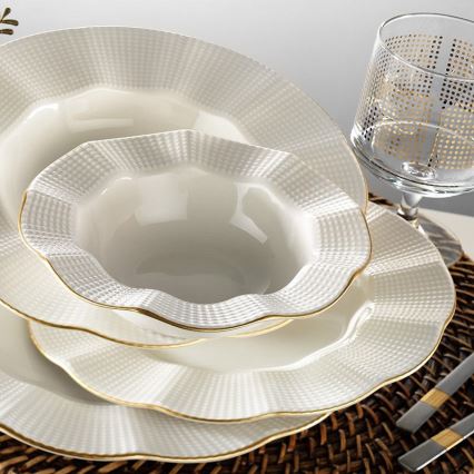 Service de table 24 pièces en porcelaine, blanc et doré