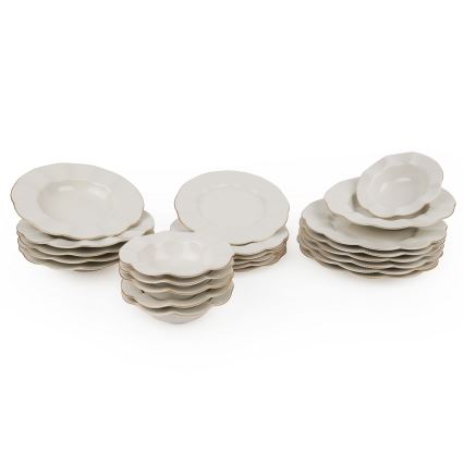 Service de table 24 pièces en porcelaine, blanc et doré