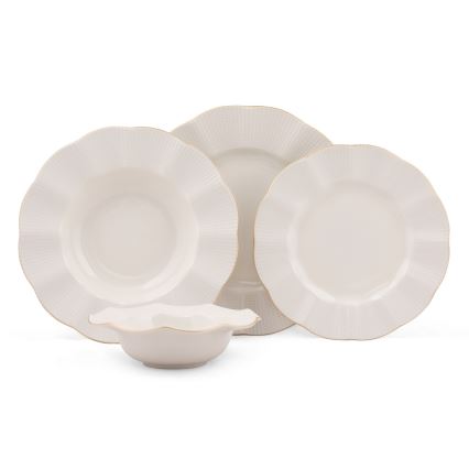 Service de table 24 pièces en porcelaine, blanc et doré