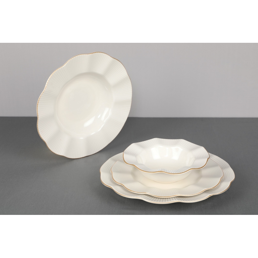 Service de table 24 pièces en porcelaine, blanc et doré