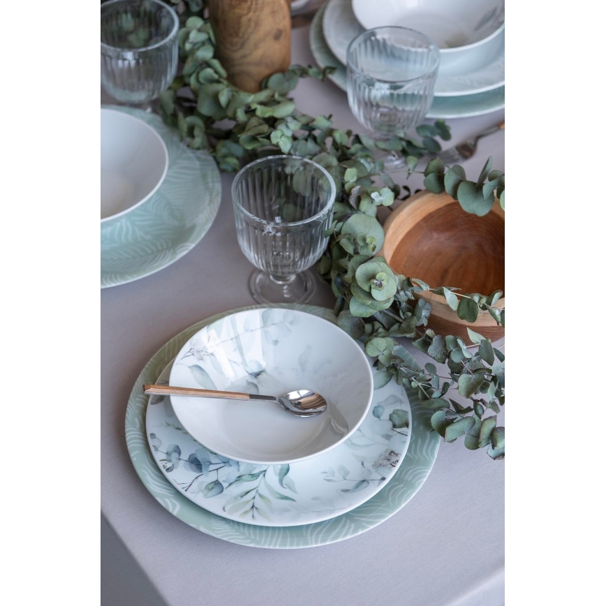 Service de table 24 pièces en porcelaine, blanc et vert.