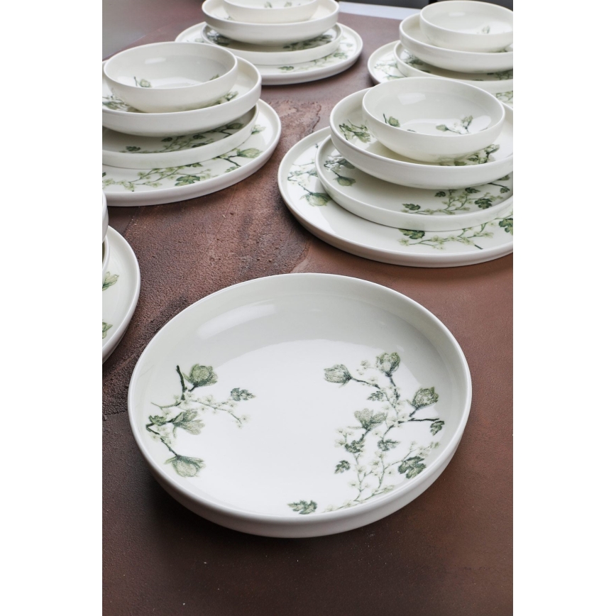 Service de table 24 pièces en porcelaine, blanc et vert