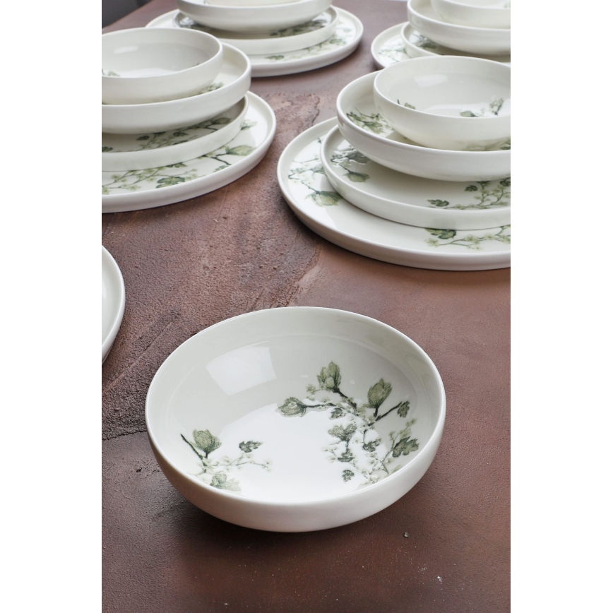 Service de table 24 pièces en porcelaine, blanc et vert