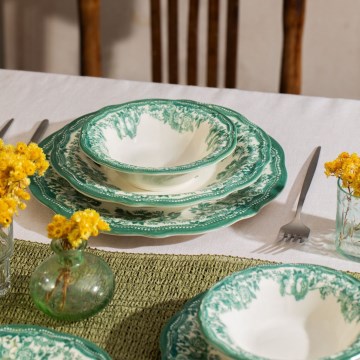 Service de table 24 pièces en porcelaine, blanc et vert