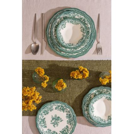 Service de table 24 pièces en porcelaine, blanc et vert