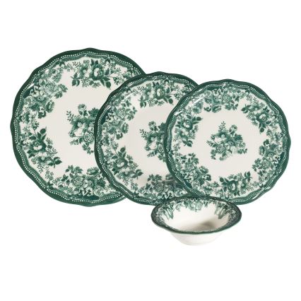 Service de table 24 pièces en porcelaine, blanc et vert