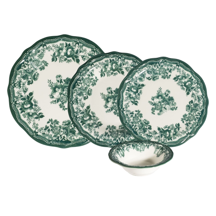 Service de table 24 pièces en porcelaine, blanc et vert
