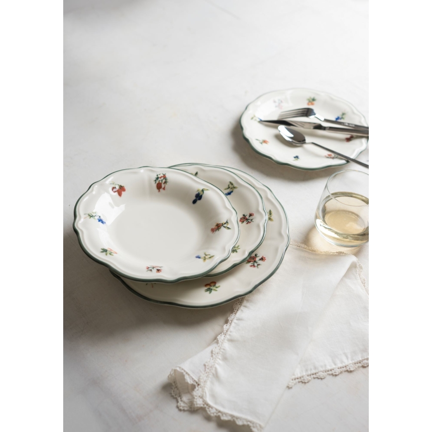 Service de table 24 pièces en porcelaine, blanc et vert