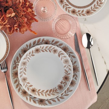 Service de table 24 pièces en porcelaine, blanc/marron