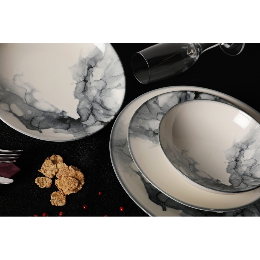 Service de table 24 pièces, en porcelaine, blanc/noir