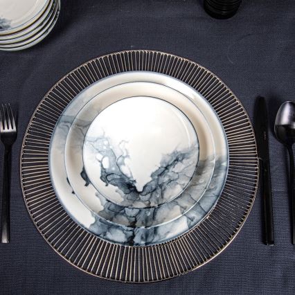 Service de table 24 pièces, en porcelaine, blanc/noir