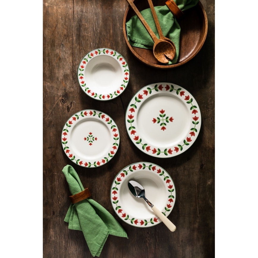 Service de table 24 pièces en porcelaine, blanc/rouge/vert