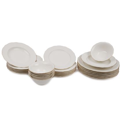 Service de table 24 pièces en porcelaine blanche avec finitions dorées