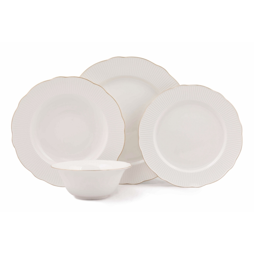 Service de table 24 pièces en porcelaine blanche avec finitions dorées