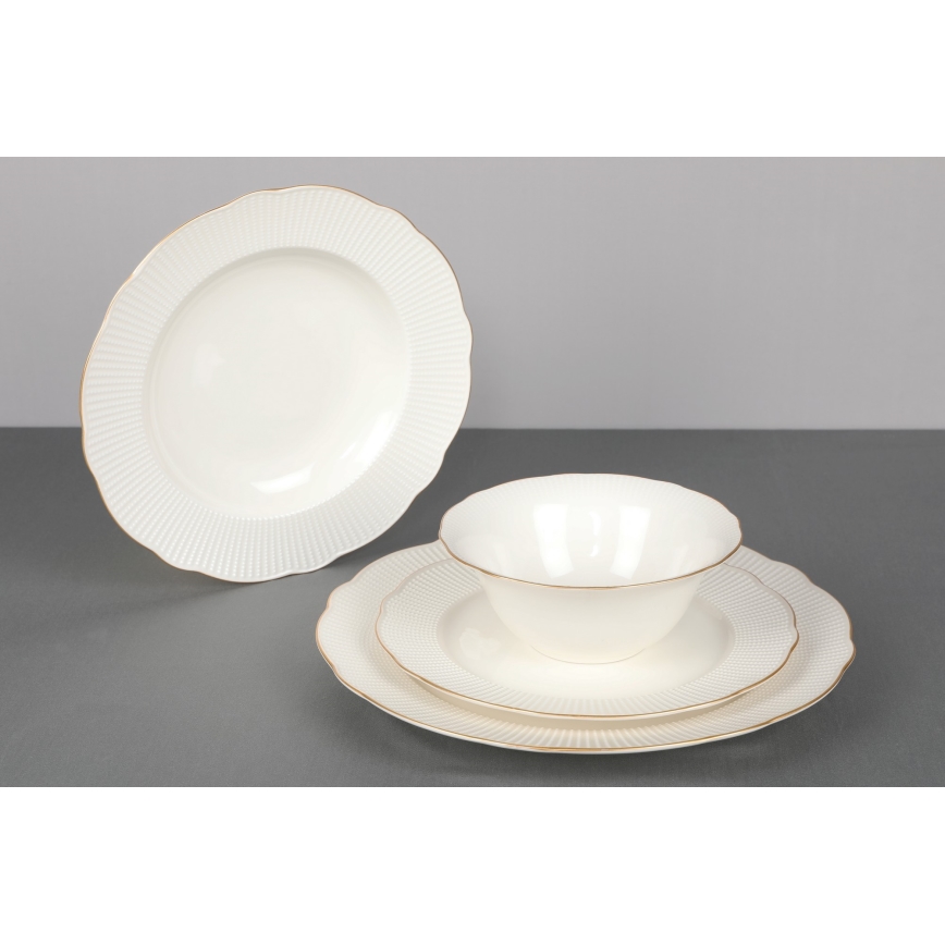 Service de table 24 pièces en porcelaine blanche avec finitions dorées