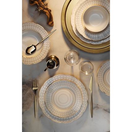 Service de table 24 pièces en porcelaine blanche, finition dorée